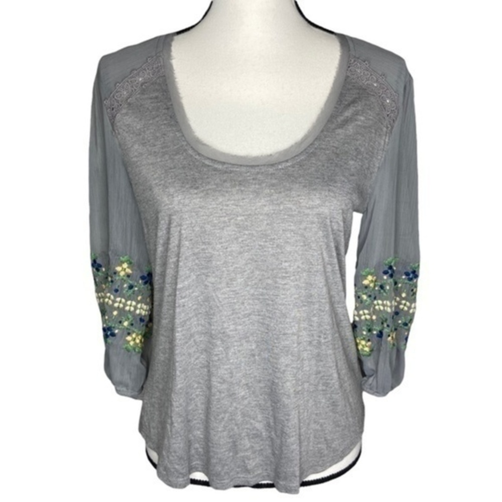 Anthropology Tiny Julia Gray Top Boho Embroidered Sheer Sleeve Peasant‎ Top Sz S
